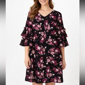 GUC roz & ALI Black 3/4 Ruffled Statement Sleeves Flowy Dress with Pink Floral